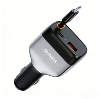 Pengisi Daya Mobil USB-C PD QC3.0 Pengisian Cepat Kabel Retractable 85cm 84W 2 Port USB untuk Ponsel