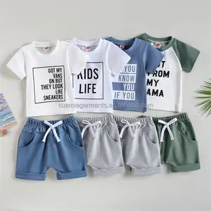 1 개 사용자 정의 로고 RTS 여름 신생아 유아 의류 면 편지 인쇄 티셔츠 반바지 아기 소년 옷 세트