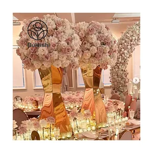 Dudukan Bunga kolom emas dengan hiasan tengah meja 60cm, dasar bunga cermin berkilau emas dan bunga perak untuk pernikahan