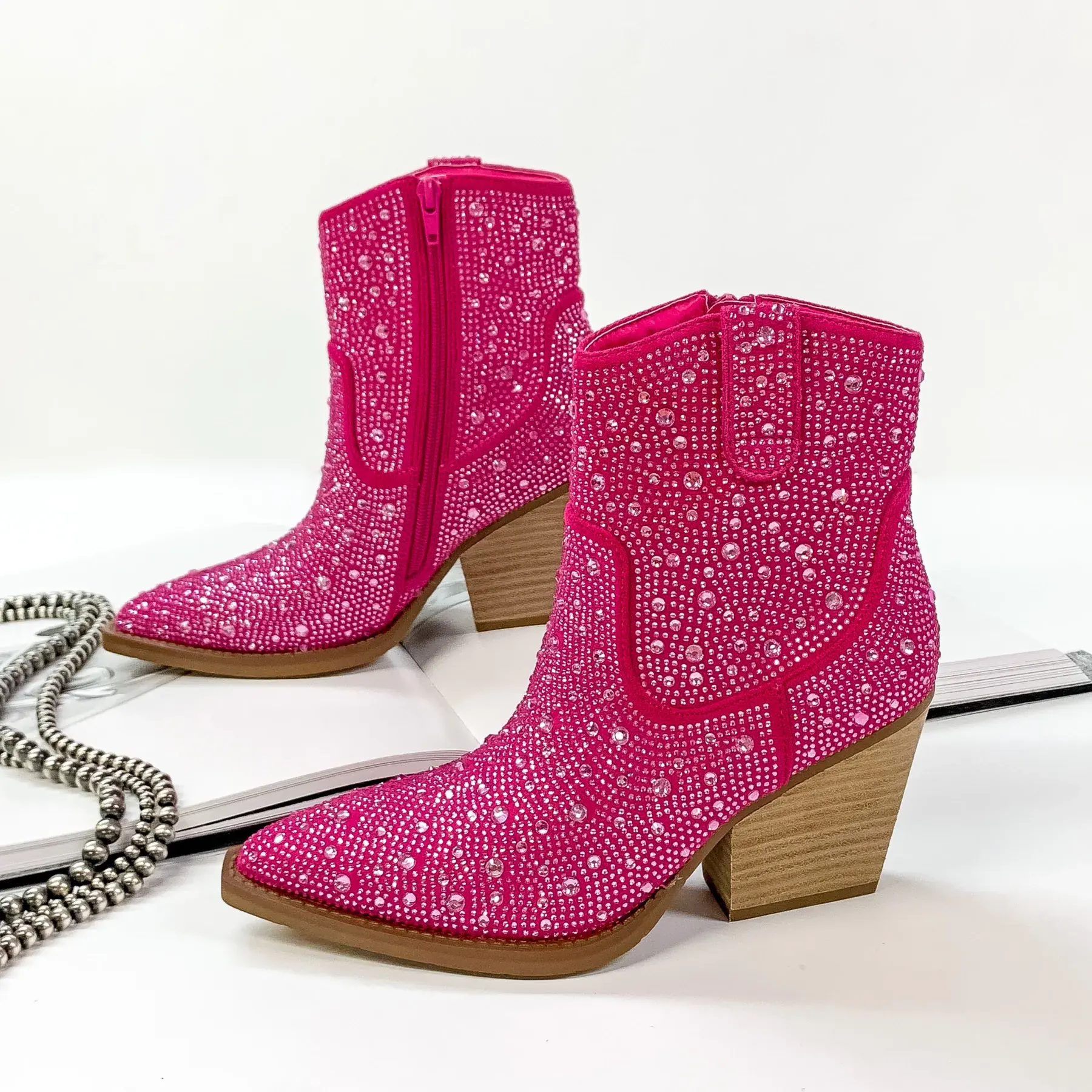 Women's new pink comfortable rhinestone cowboy boots pointed zipper western chunky ankle boots