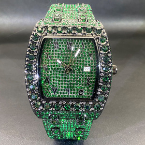 Nuovo Orologio <span class=keywords><strong>da</strong></span> <span class=keywords><strong>Uomo</strong></span> al Quarzo Hip Hop alla Moda, Verde con Strass Completi, Data, Quadrante a Barilotto con Lancette <span class=keywords><strong>da</strong></span> 10mm - Product Image 1