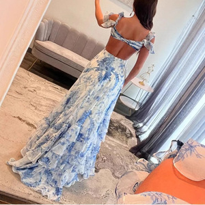 Floral Print Chiffon Evening Dress With Ruffles Halter Neck Deep V Empire Waist Full <b>Skirt</b> Breathable Spring Style - Product Image 4