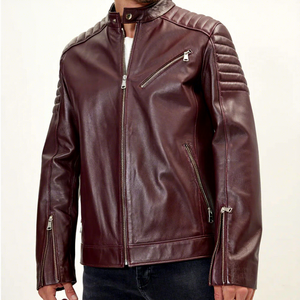 Blouson en cuir véritable bordeaux pour homme, col montant, épaules côtelées, poches zippées, en peau de mouton, style motard, vêtement d'extérieur personnalisé pour l'hiver - Product Image 1