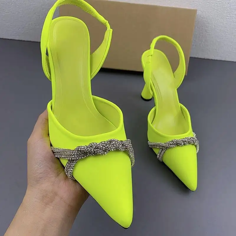 สีเขียวนีออนรองเท้าแตะรัดส้นประดับเพชรเทียมหรูหรา,รองเท้าผ้าใบสีสำหรับสุภาพสตรี