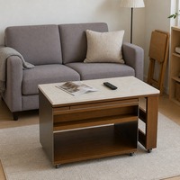 Mesa de Centro Ajustável em Altura com Corpo em Madeira de Buxo, Tampo com Aparência de Pedra, Rodízios e Gaveta para Casa e Escritório - Atacado