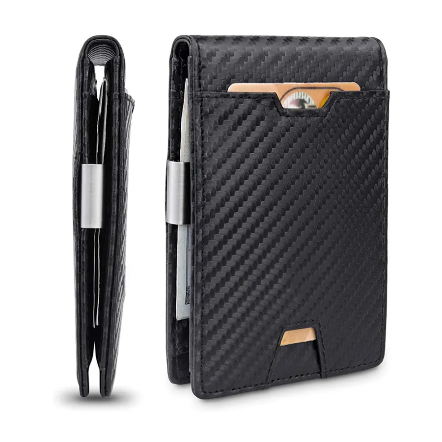 Bifold MEN Wallet Custom Design Minimalist Slim Card Holder Mental Carbon Fiber Leather RFID Blocking Money Clips