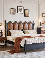 Lit Rétro Français en Bois de Cerisier Massif avec Tête de Lit en Cuir Souple, 1,81 m x 5 m, Lit Double Style Antique, Meuble de Chambre