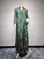 Robe Kaftan brodée à la main, jacquard doré, col en V, longueur au sol, manches longues, coupe ample, tenue de soirée pour le Ramadan et l'Aïd