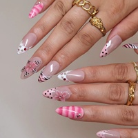 Offre Spéciale – Ongles à presser en acrylique de longueur moyenne, forme amande, motif Tigre Rose à pois, fleurs 3D françaises et strass, style cool et tendance
