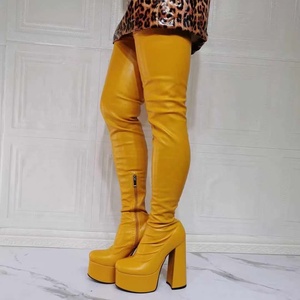 Super High Heel Platform <b>Boots</b> Yellow Round Toe Thick Sole High Chunky Heel Fashion Women Over Knee <b>Boots</b> Big Size 47 - Product Image 1