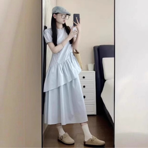 French Style Gentle Short Sleeve Light Blue Dress <b>Elastic</b> Waist Crew Neck Asymmetric Tiered <b>Skirt</b> Solid Color Daily Casual Dress - Product Image 1