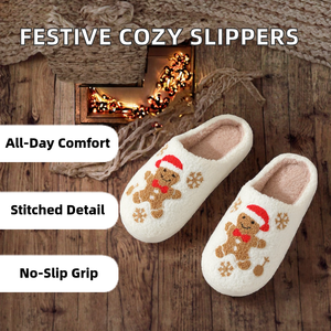 Pantuflas de invierno de la serie navideña con diseño de copo de nieve y jengibre, de felpa artificial, cerradas, suaves, antideslizantes para mujer, para el hogar, al por mayor - Product Image 4