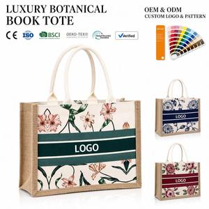 Sac fourre-tout en jute personnalisé de la marque SH, imprimé avec un motif floral, bandoulière moyenne, réutilisable pour les courses, les cadeaux et l'extérieur - Product Image 1