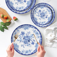 Set Peralatan Makan Keramik Motif Tanaman Gaya Retro Cina, Dekoratif Biru, untuk Hotel, Piring Makan, Mangkuk, dan Cangkir Kopi