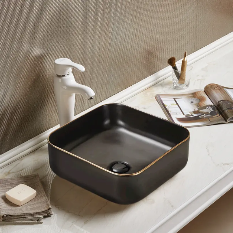 Luxury black gold square modern washroom sanitary ware matte black hand wash art basins cornertop ceramic bathroom sink