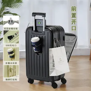 Hot Sale Luggage and Travel Bags ABS Front opening suitcase PC Trolley Travel Suitcase with USB Port and Cup Holder