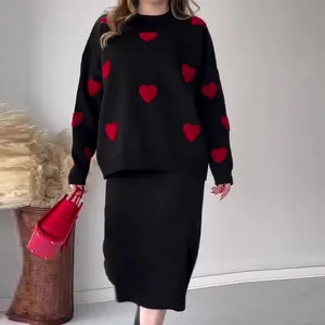 2024 nueva moda amor corazón patrón Jacquard diadema de punto Falda larga 2 piezas traje vestido Día de San Valentín suéter de mujer