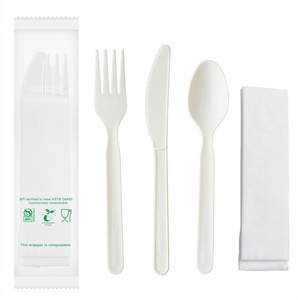 Personnalisé biodégradable PP Dispos Fourchettes Cuillères Couteaux Fécule de maïs Plastique Écologique Portable Couverts Ensemble Jetable avec Serviette - Product Image 1