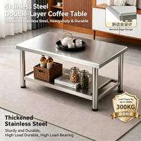 Table basse carrée extra-épaisse entièrement en acier inoxydable avec étagère de rangement, design à bords biseautés, style minimaliste moderne pour la maison et les loisirs