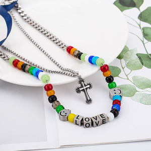 yunnique European American Retro Punk Colorful Glass Bead Cross Double Layer Necklace Unisex <b>Titanium</b> Steel <b>Chain</b> Love Pendant - Product Image 3