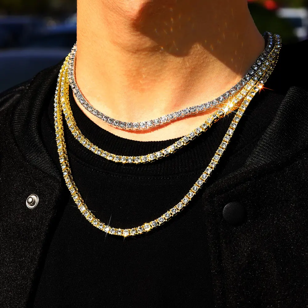 Hip Hop buzlu Out Bling kübik zirkonya 3mm 4mm 5mm tenis zincir kolye altın simli renk CZ gerdanlık moda erkekler kadınlar