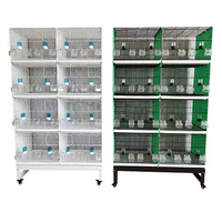 4 cages à canaris empilables, élégantes, de petite taille, en fil de fer, avec accessoires pour mangeoires et abreuvoirs.