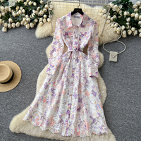 Robe chemise élégante en dentelle florale, coupe trapèze, manches longues, ceinturée, décontractée, pour soirée, mi-longue, pour femmes, pour tous les jours