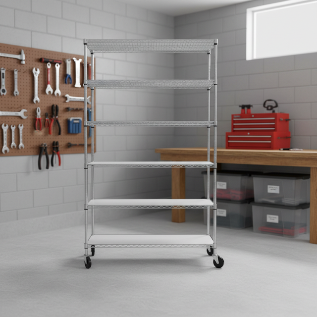 6-Tier Adjustable Height Metal Wire Garage Storage Shelving Unit with Wheels in Chrome Flexible Design Model 1DG-K