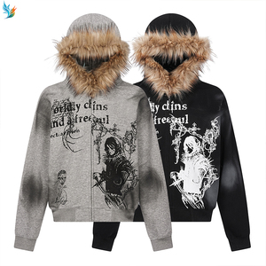 เสื้อโค้ทขนสัตว์ลายกราฟิกสไตล์เทพนิยายสีเทาเข้ม แจ็คเก็ตมีฮู้ดแบบซิปเต็มตัว ย้อมสีแบบวินเทจ - Product Image 6