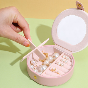 Nuevo Estuche Redondo para Joyas de Cuero PU con Espejo de Alta Definición, Estuche para Guardar Joyas al por Mayor - Product Image 2