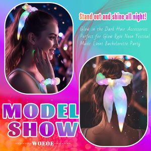 Neon Light Bow Cloth Scrunchies LED Ponytail Holders Flash Hair Ties Women Rave Party Birthday <strong>Halloween</strong> Christmas <strong>Decorations</strong> - Product Image 6