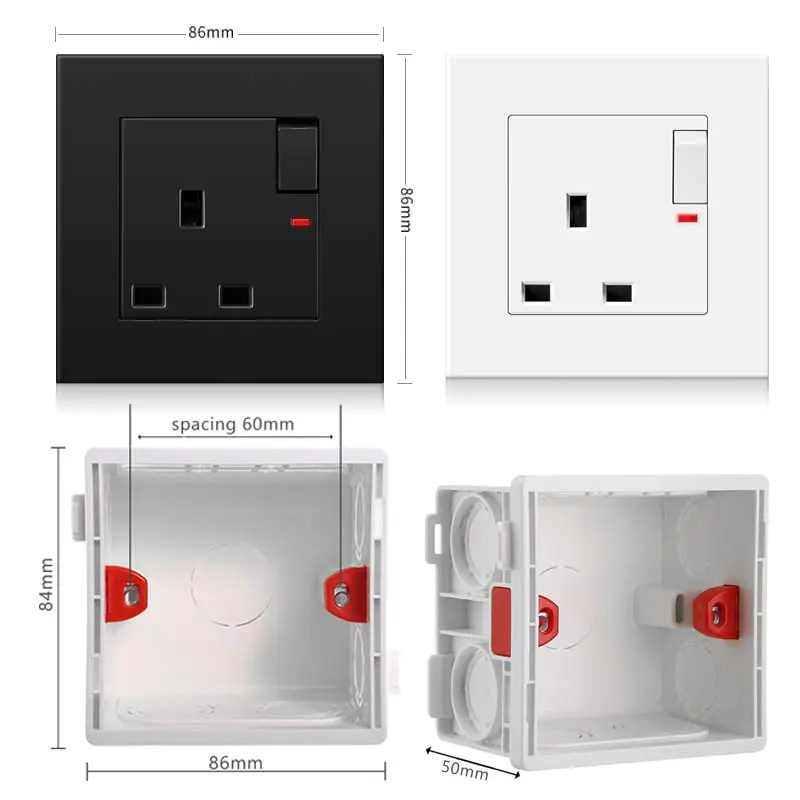 1-Gang duvar anahtarı PC paneli ile İngiliz standart 3 delikli güç soketi 250V 13A duvar fiş ve prizler