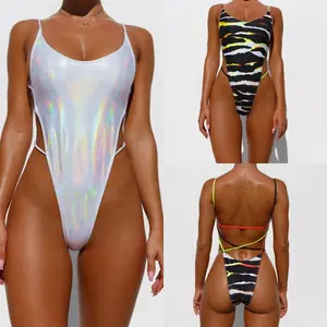 Folie Shiny Print Hoge Cut Womens Een Stuk Badpak Thong Badmode Tegen Goede Prijs