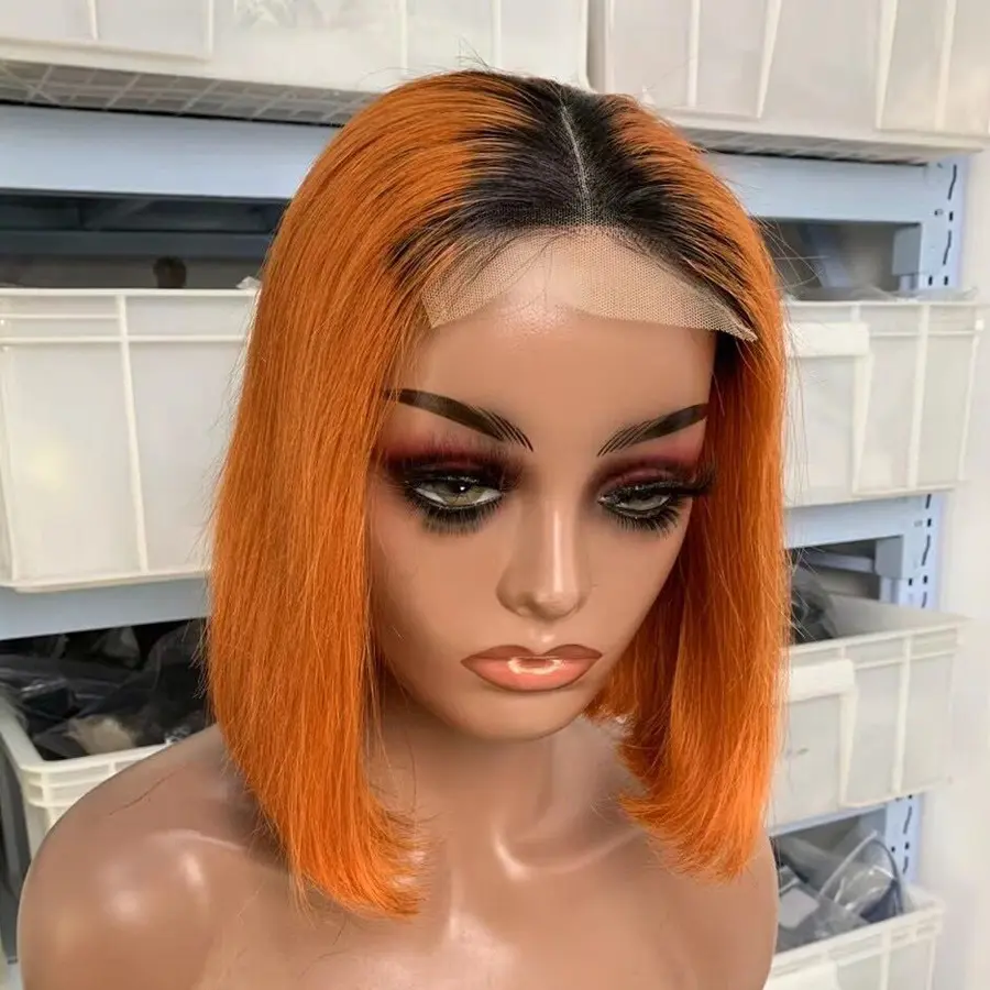 ZSF गर्म बेच अदरक orange4 * 4/5*5/13*4/13*6 hd/पारदर्शी/ब्राउन/फीता ललाट लघु बॉब विग ब्राजील कुंवारी मानव बाल