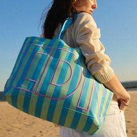 Sac de voyage personnalisé avec broderie monogramme, sac fourre-tout en toile rayée tendance, grande capacité, sac à bandoulière de plage pour femmes