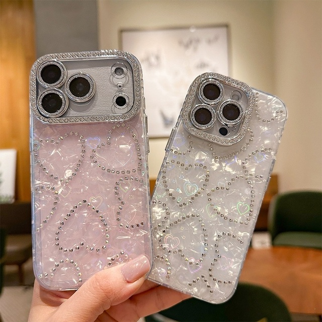For 17 Pro Max Creative Rhinestone Heart Pattern Phone Case Korean Style Fashion Luxury Camera protection iPhone Cover for 16 15