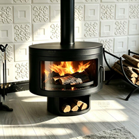 Poêle à bois cylindrique tout-en-un avec compartiment de stockage de bois inférieur et porte en verre incurvée