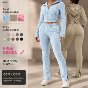 Conjunto de Sudadera con Capucha para Mujer al por Mayor Personalizado, de Poliéster y Algodón, con Cremallera Completa, Top Corto con Capucha y Pantalones Acampanados de Cintura Alta, Conjunto de Dos Piezas para Uso Diario - Product Image 1