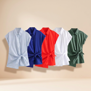 Camisa de Popelina de Manga Corta para Mujer con Lazo Cruzado en la Parte Delantera, Cuello con Botones, Estilo Casual, Primavera Verano, Rayas y Colores Sólidos - Product Image 4