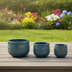 Ensemble de 3 pots de fleurs en céramique MDJ, ronds, bleu glacé, pour l'intérieur et l'extérieur, style moderne minimaliste - Product Image 2