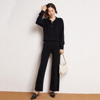 Ensemble deux pièces en cachemire pur de qualité supérieure : pull polo boutonné et pantalon large taille haute pour femme – Collection Lounge
