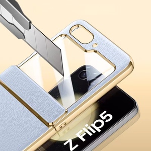 Para Samsung Z Flip5 funda de teléfono para Samsung <span class=keywords><strong>ZFlip4</strong></span> 3 funda protectora de cuero galvanizado funda de bisagra película cubierta de teléfono integrada - Product Image 4