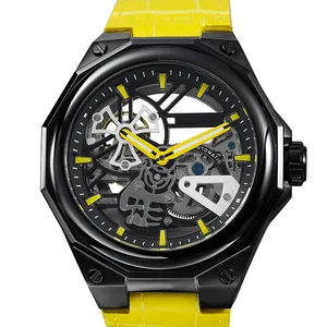 Yellow Leather Band Hollow out fashion watch Two Hands Luminous Functions mechanical watches Stainless Steel Case men watch