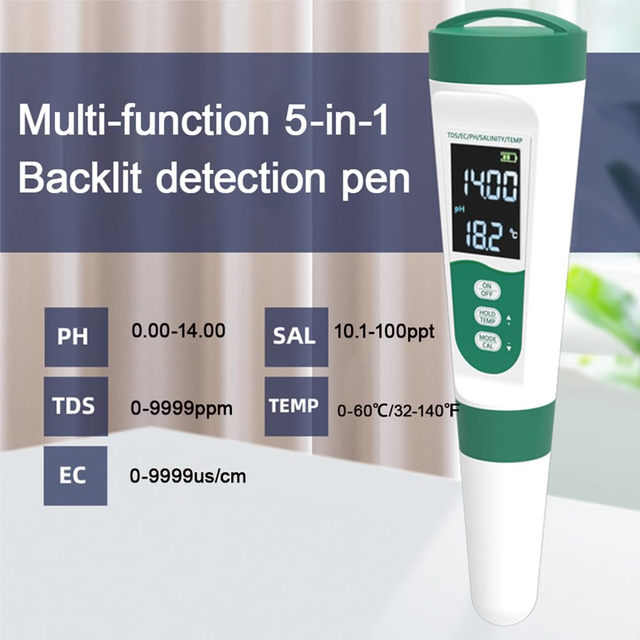 5-in-1 Water Quality Tester Pen PH TDS EC Salinity Temp Meter with Backlight IP65 Waterproof for Aquarium Hydroponics