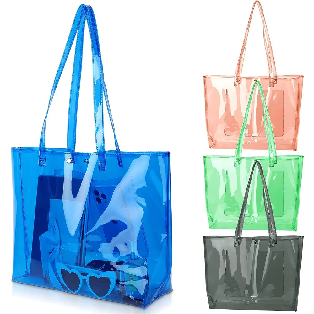 अनुकूलित मुद्रित मल्टीकोर पारदर्शी pvc टोटे शॉपिंग बैग पारदर्शी pvc कंधे खरीदारी बैग