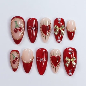 <span class=keywords><strong>Uñas</strong></span> Postizas Rojas de Alta Calidad para el Día de San Valentín, 10 Piezas, Forma de Almendra, Hechas a Mano con <span class=keywords><strong>Amor</strong></span> y Diseño de Lazo, Material Acrílico Reutilizable - Product Image 2