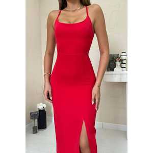 Robe de soirée longue formelle en gros, rouge, dos nu, décoration à sequins, taille empire, style drapé - XS XL, longueur au sol - Product Image 2