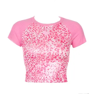 E-Girl Patchwork Léopard Rose Crop Tops Mode Doux Mignon T-shirt À Manches Courtes Dames Mode T-shirts Décontractés