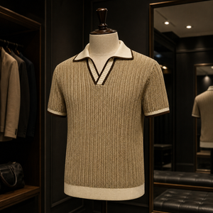 Polo de Golf Personalizado de Punto Acanalado para Hombre, Color Marfil, Estilo Old Money, Cuello Johnny, Ribete en Contraste, Marca Privada, Fabricante OEM ODM - Product Image 6