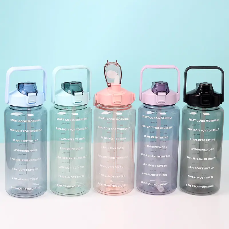 2000ml Leakproof Gym Clear Sports Bottle Plastic Motivational Water Bottle with Time Marker and Straw